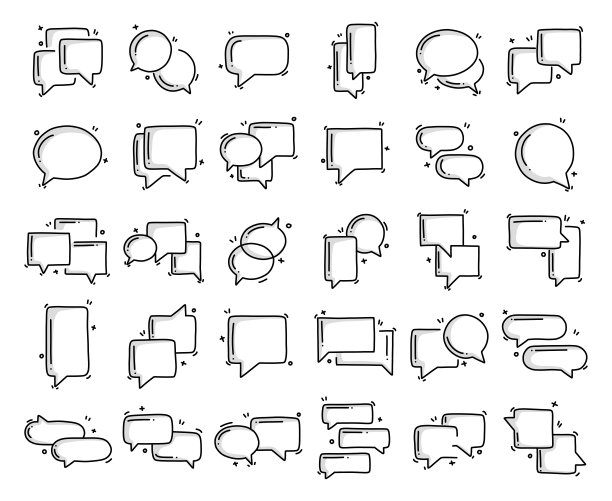 与语音气泡相关的对象和元素。手绘矢量涂鸦插图集。手绘图标集。图片下载