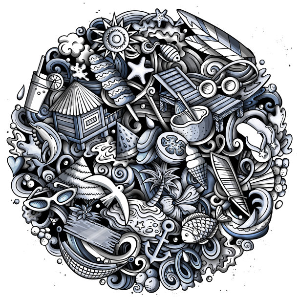 夏日海滩卡通矢量涂鸦插图。图片下载