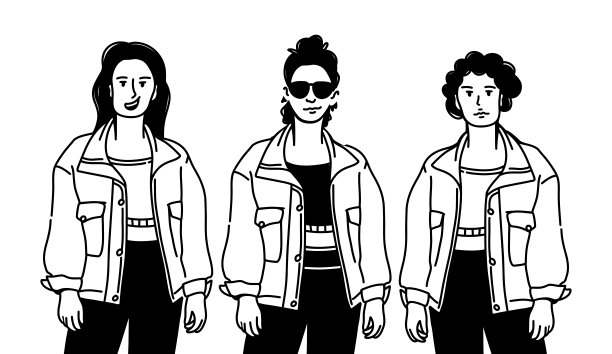 年轻女性，年轻女孩，角色和化身。矢量插图设计概念。手绘，素描，涂鸦。图片下载