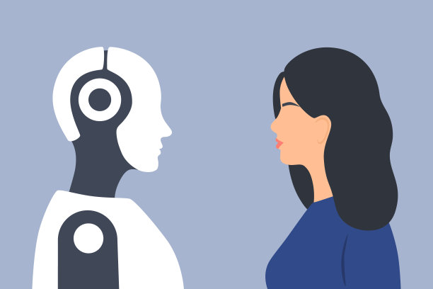 年轻女子和机器人面对面图片下载