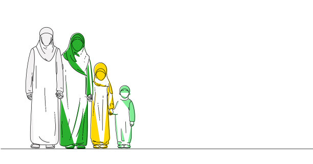线条艺术画矢量插图的穆斯林家庭。图片下载