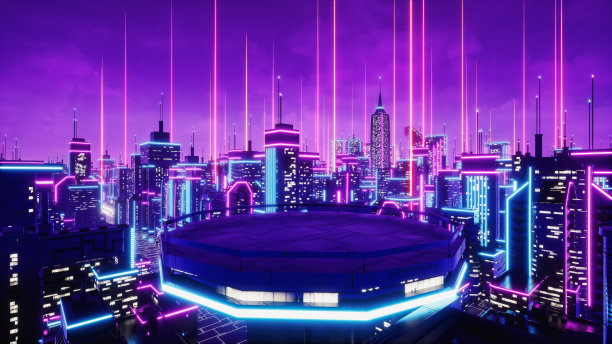 霓虹灯城市的屋顶视图，3d渲染图片下载