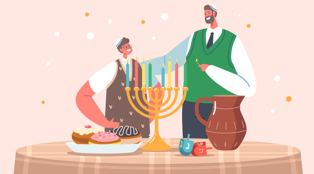 父亲和儿子庆祝以色列光明节图片下载