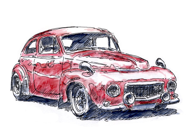 红色欧洲经典汽车墨画和水彩图片下载