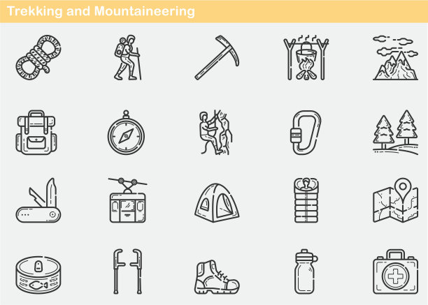 徒步旅行和登山，步行，徒步旅行，户外，运动，放松，旅程，旅行，荒野，攀登，露营图标集，轮廓，平线图标图片下载