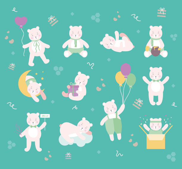 粉色泰迪熊矢量套装图片下载