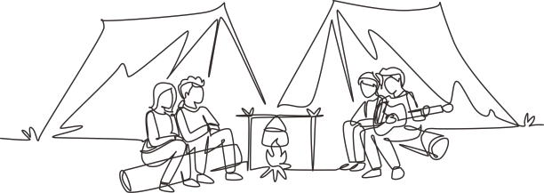 单线画两对男女徒步旅行者图片下载