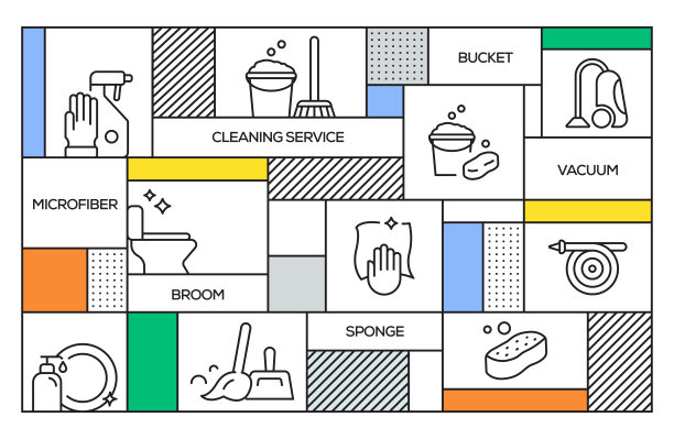 清洁服务理念。几何复古风格的旗帜和海报概念与清洁服务线图标图片下载