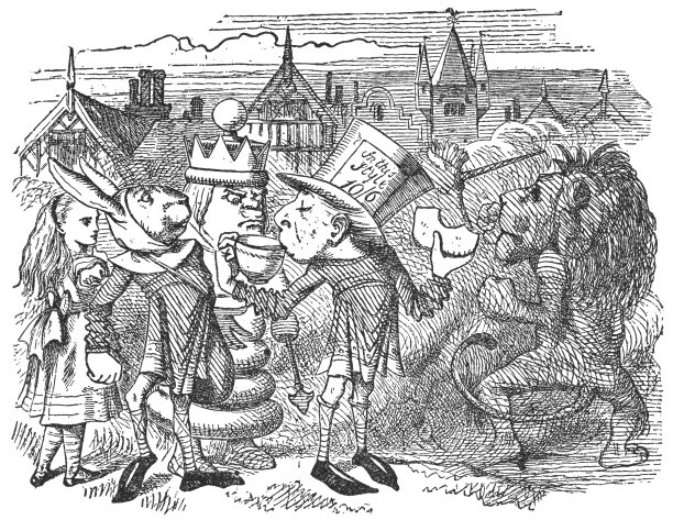 《爱丽丝镜中奇遇记》里的制帽人喝茶、看狮子和独角兽打斗图片下载