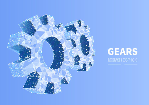 齿轮概念说明，工业发展，发动机工作，业务解决方案的概念，低多边形虚线连接齿轮背景。图片下载