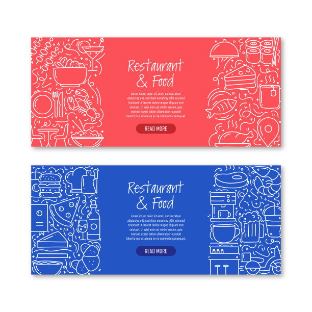 餐厅和食物相关的对象和元素。手绘矢量涂鸦插图集合。横幅模板与不同的餐厅和食物对象图片下载