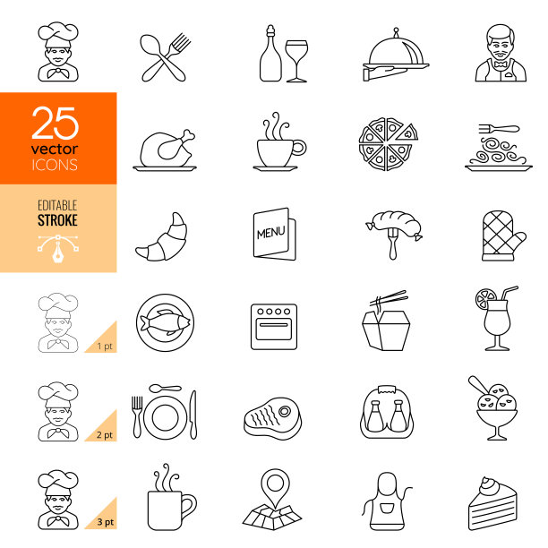 餐厅图标集。可编辑的中风。图片下载