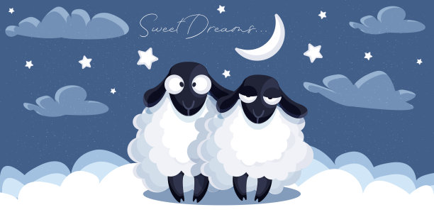 抽象的彩色夜晚背景与卡通可爱的羊在平面风格。现代创意插画应用程序，网站，演示或设计。图片下载