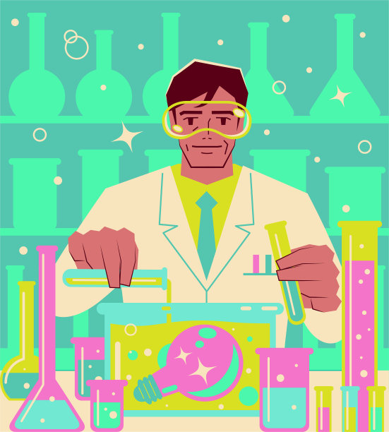 一位微笑的成熟科学家或化学家将液体倒入装有大灯泡的瓶子图片下载