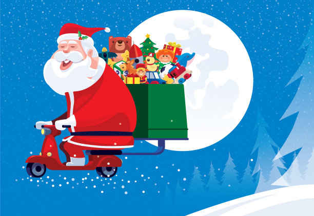 圣诞老人骑着摩托车带着玩具和礼物图片下载