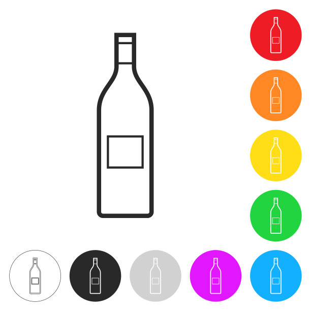 酒瓶。按钮上不同颜色的平面图标图片下载