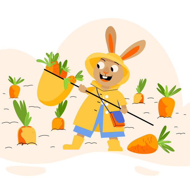 可爱的矢量兔穿着黄色外套和胡萝卜。兔子角色平面插图。兔年，2023年的象征图片下载