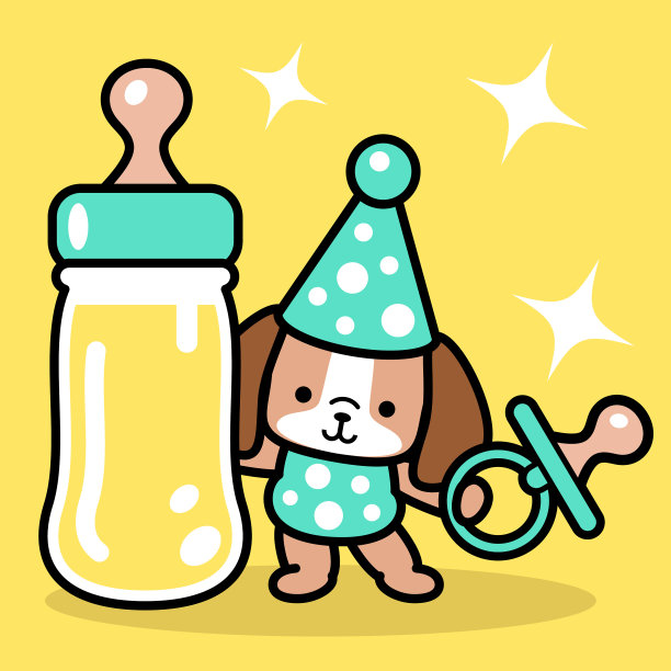 一只可爱的狗戴着派对帽，拿着奶嘴，站在一个大奶瓶旁边图片下载