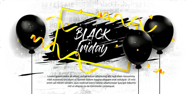 现代风格的季节性销售概念。“黑色星期五”。黑色气球与五彩纸屑和折扣在一个抽象的垃圾混凝土背景上的金色框架。图片下载