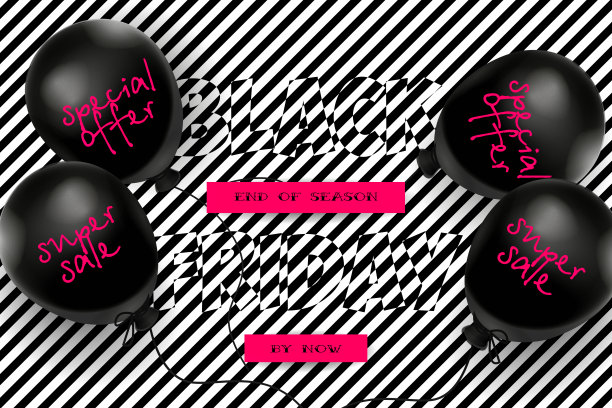 卡通风格的季节性销售概念。“黑色星期五”。黑色气球折扣文本在黑色和白色的抽象条纹背景与空间的文字。Web模板的应用程序和在线商店。图片下载