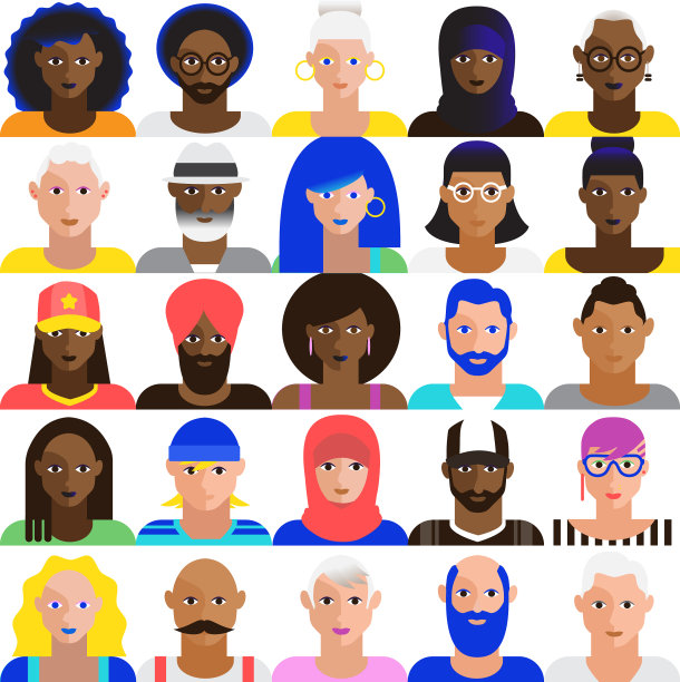 集合抽象多样的成人化身图标在现代充满活力的平面色彩上的白色背景图片下载