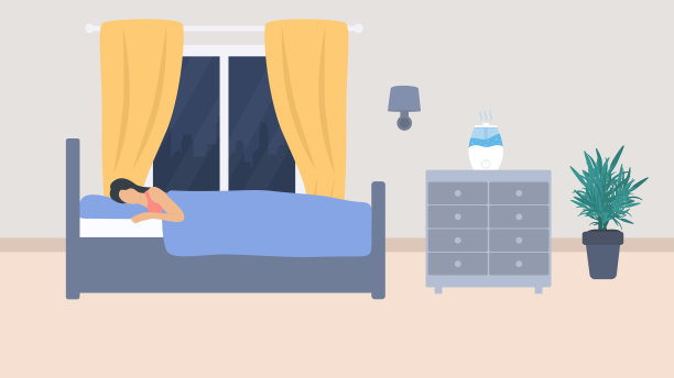 年轻女子睡觉与空气加湿器装置在卧室图片下载