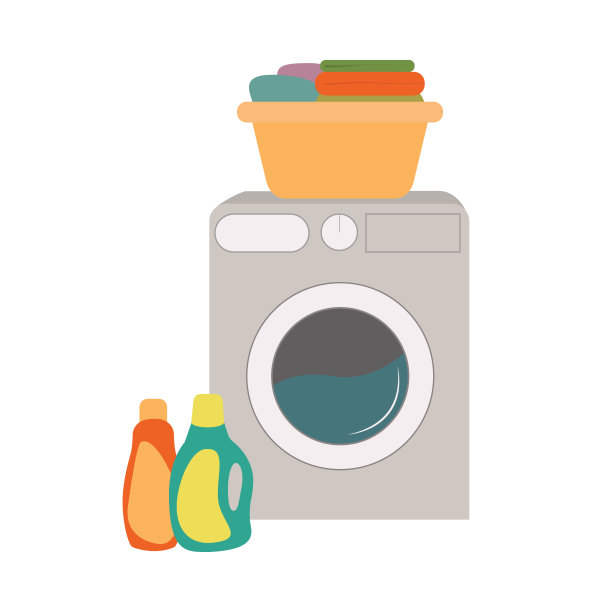 洗衣机，洗衣剂和衣服放在篮子里图片下载