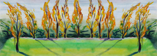 时尚的插画秋天的叶子现代艺术品我的原始绘画与水彩在纸水平风景印象派树木和绿色的草坪太阳和风在杨树图片下载