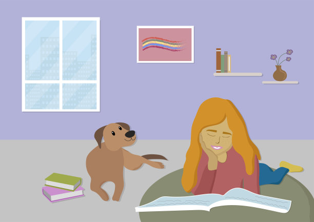 女孩躺在地板上看书图片下载