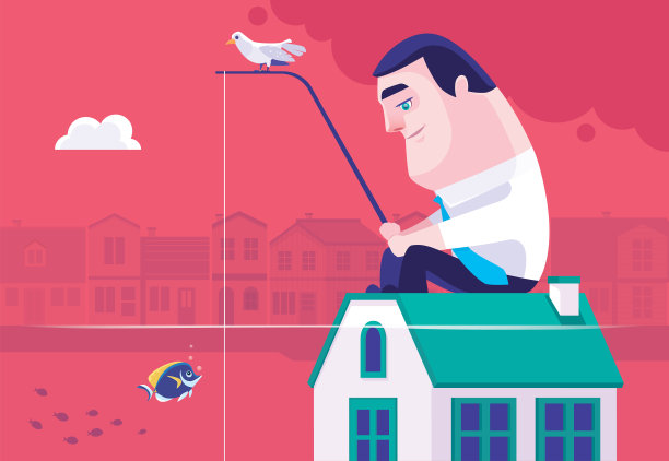 商人坐在溺水的房子里钓鱼图片下载