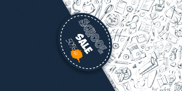 卡通风格的小学教育理念。回学校!在有文字空间的笔记本背景上的徒手画。时尚的插图在线订单，网页，应用程序设计。图片下载