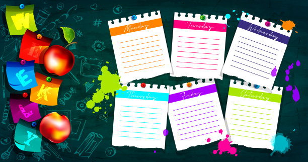 卡通风格的时间规划概念。在黑板背景上手绘的待办事项贴纸和苹果。图片下载