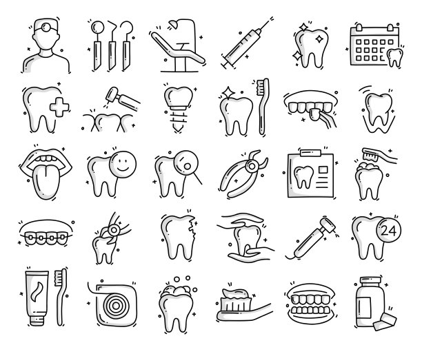 牙科相关的对象和元素。手绘矢量涂鸦插图集。手绘图标集。图片下载