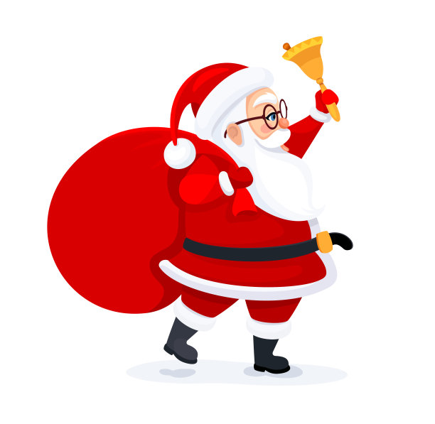 圣诞老人摇铃快乐。圣诞老人用巨大的红色袋子装着礼物。圣诞贺卡。横幅。图片下载