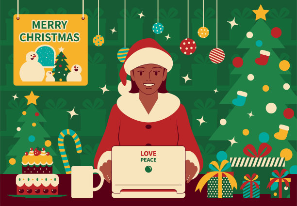 穿着圣诞老人服装的年轻女子在圣诞派对上使用笔记本电脑图片下载