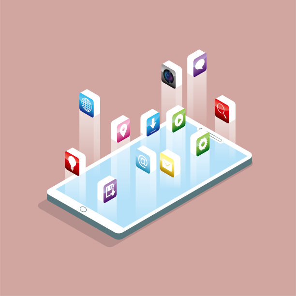 网络传播概念，矢量画手机，app符号漂浮在半空中。背景是棕色的。图片下载