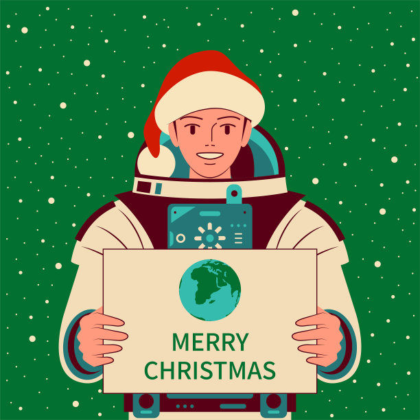 美丽的女宇航员(宇航员)戴着圣诞老人的帽子，微笑着，手里拿着一个标志，上面写着地球的符号和圣诞快乐的文字图片下载