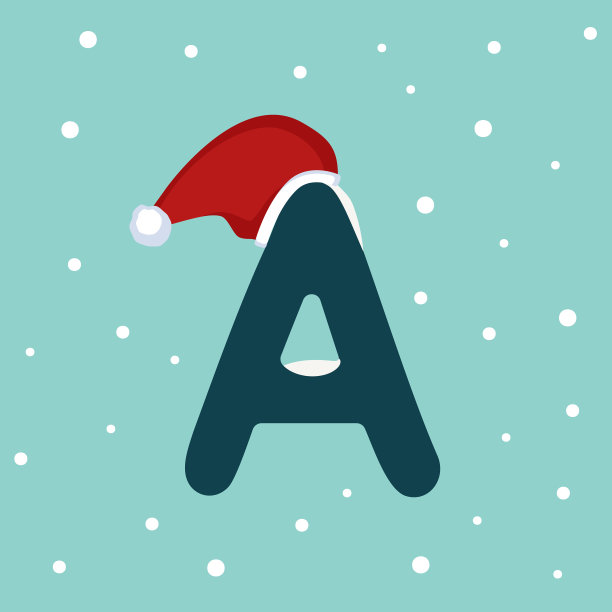 字母a上有雪和红色的圣诞老人帽子图片下载