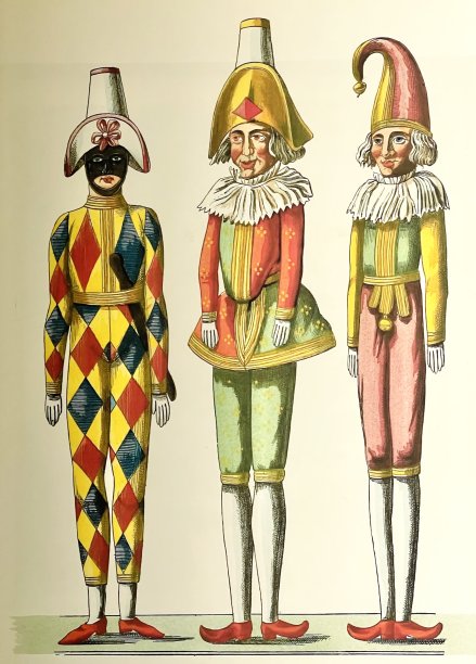 三个19世纪的木偶站成一排，正面图片下载