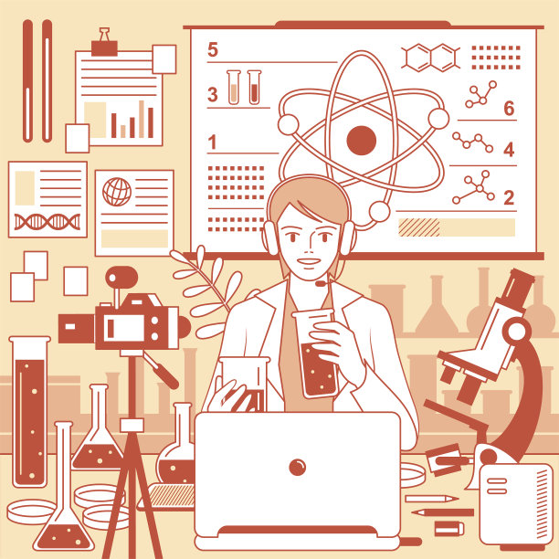 年轻女教师(科学家、生物化学家)戴着耳机远程教授科学(在线课程和科学实验)，使用笔记本电脑、相机和白板在实验室(教室)，电子学习和远程办公的概念图片下载