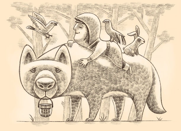 小女孩骑在大灰狼的背上图片下载