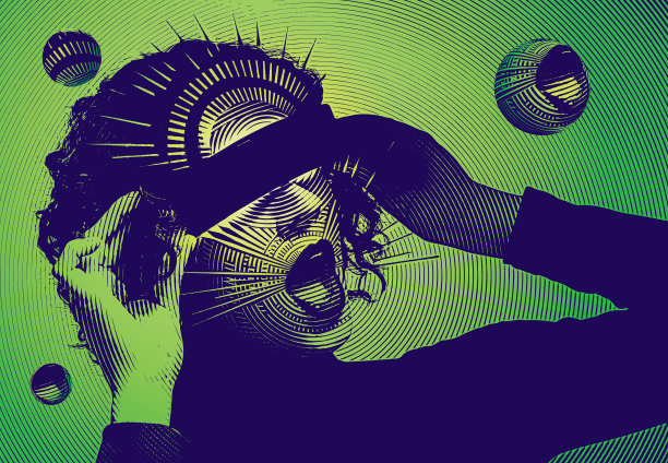 复古矢量的年轻女子和虚拟现实模拟器图片下载