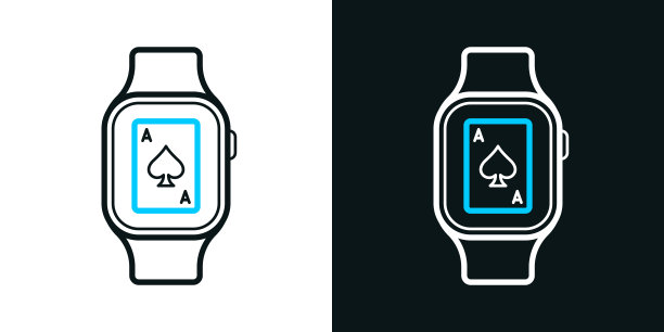 带扑克牌的智能手表。黑色或白色背景上的双色线图标-可编辑的笔画图片下载