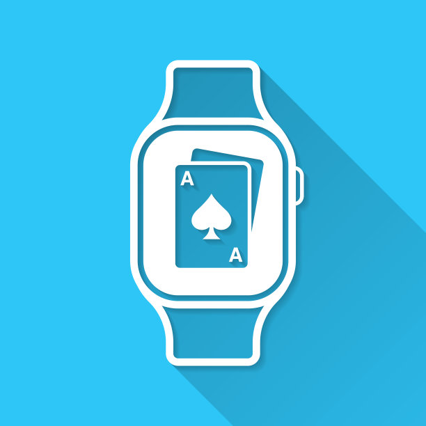 带扑克牌的智能手表。图标在蓝色背景-平面设计与长阴影图片下载