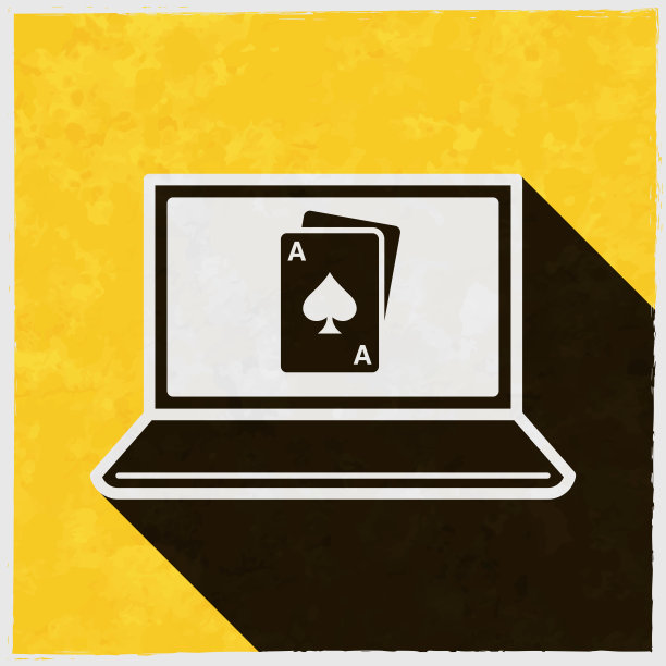 笔记本电脑与扑克牌。图标与长阴影的纹理黄色背景图片下载