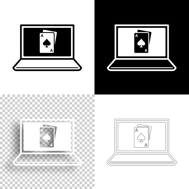 带扑克牌的笔记本电脑。图标设计。空白，白色和黑色背景-线图标图片下载