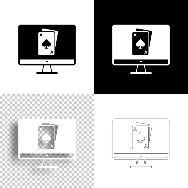 带扑克牌的台式电脑。图标设计。空白，白色和黑色背景-线图标图片下载