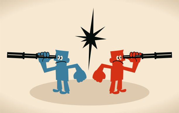 两位商人朝相反方向手持望远镜观察图片下载