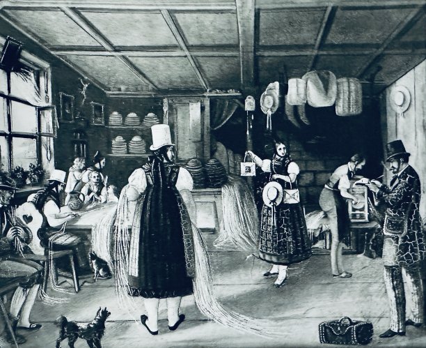 在黑森林编织草帽，家人在客厅工作图片下载