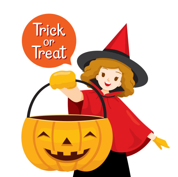 穿着女巫服装的女孩拿着南瓜桶图片下载